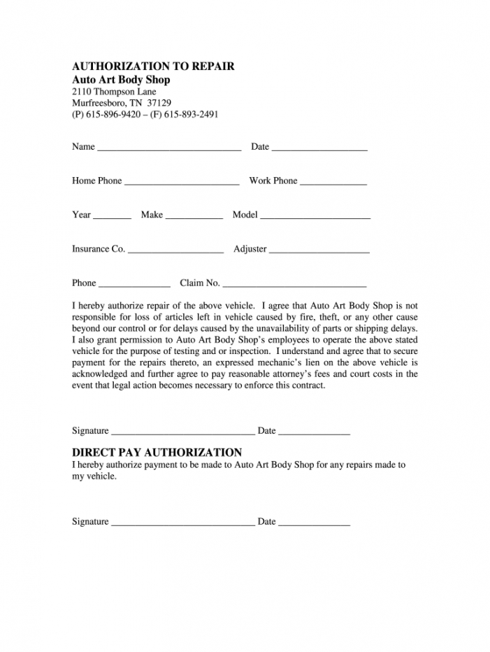 Editable Authorization To Repair Form Fill Online Printable Repair