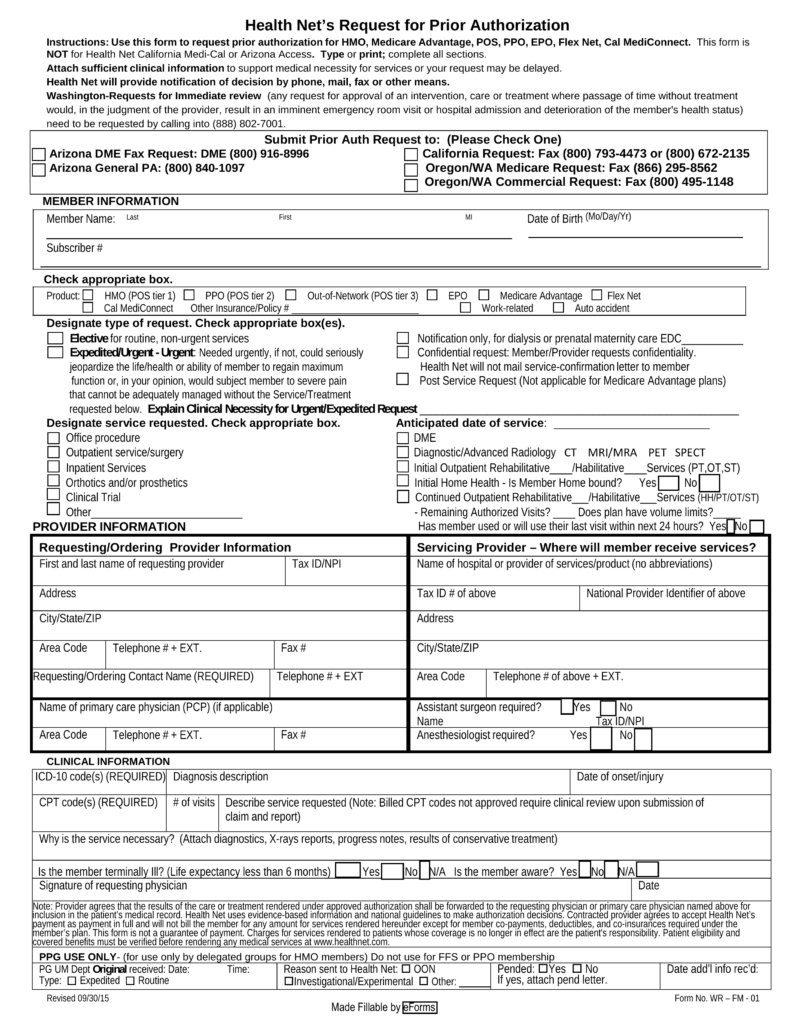 Free Health Net Prior Rx Authorization Form PDF EForms